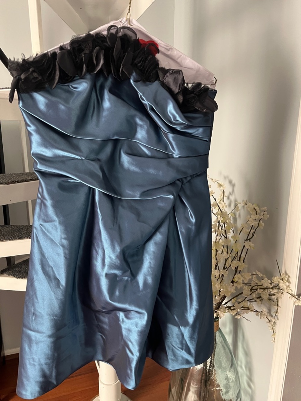 Love Blue Satin Mini Dress with Black Trim at chest strapless 12